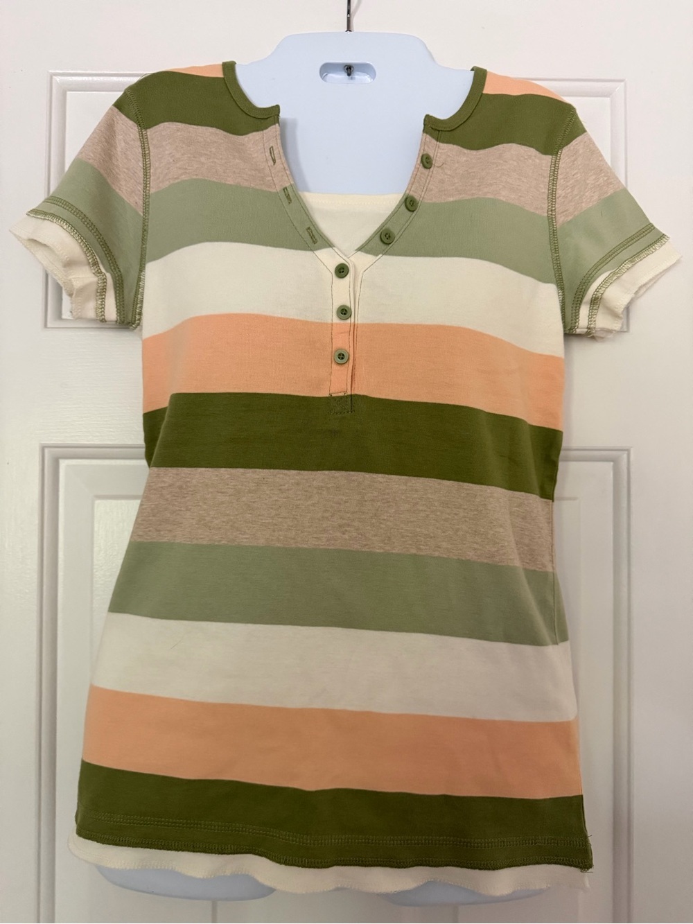 Natural Reflections Striped Layered Look Henley Tee Medium 100% Cotton